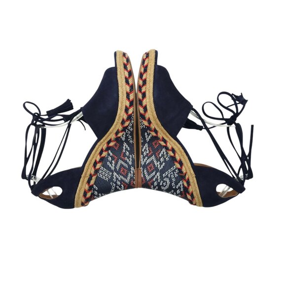 Cabi Isla Espadrille Wedge Sandals Womens 8 M Ankle Wrap Navy Suede Aztec 6001 - Picture 5 of 14